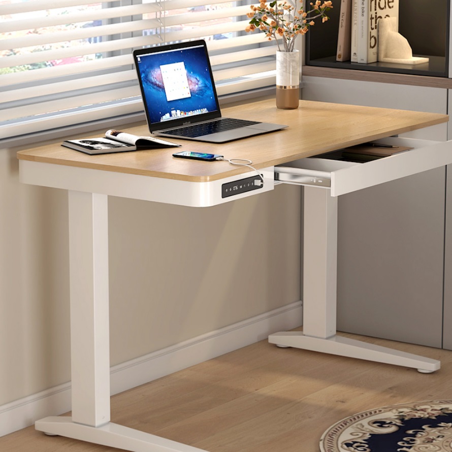 light wood color Smart Adjustable Height Electric Desk with drawer