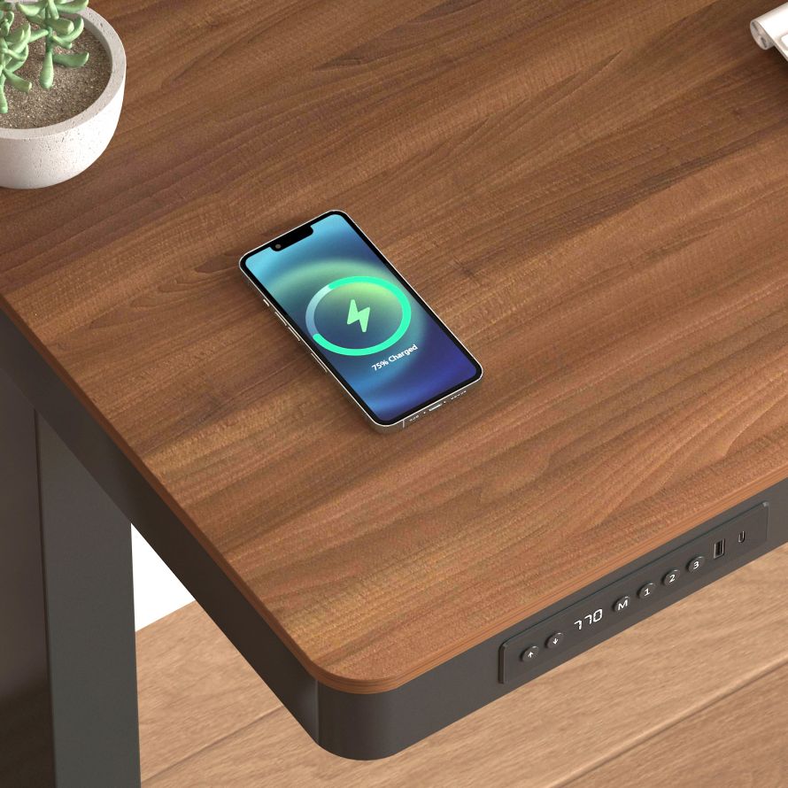 dark wood Smart Dual Motor Electric Desk wireless charging display